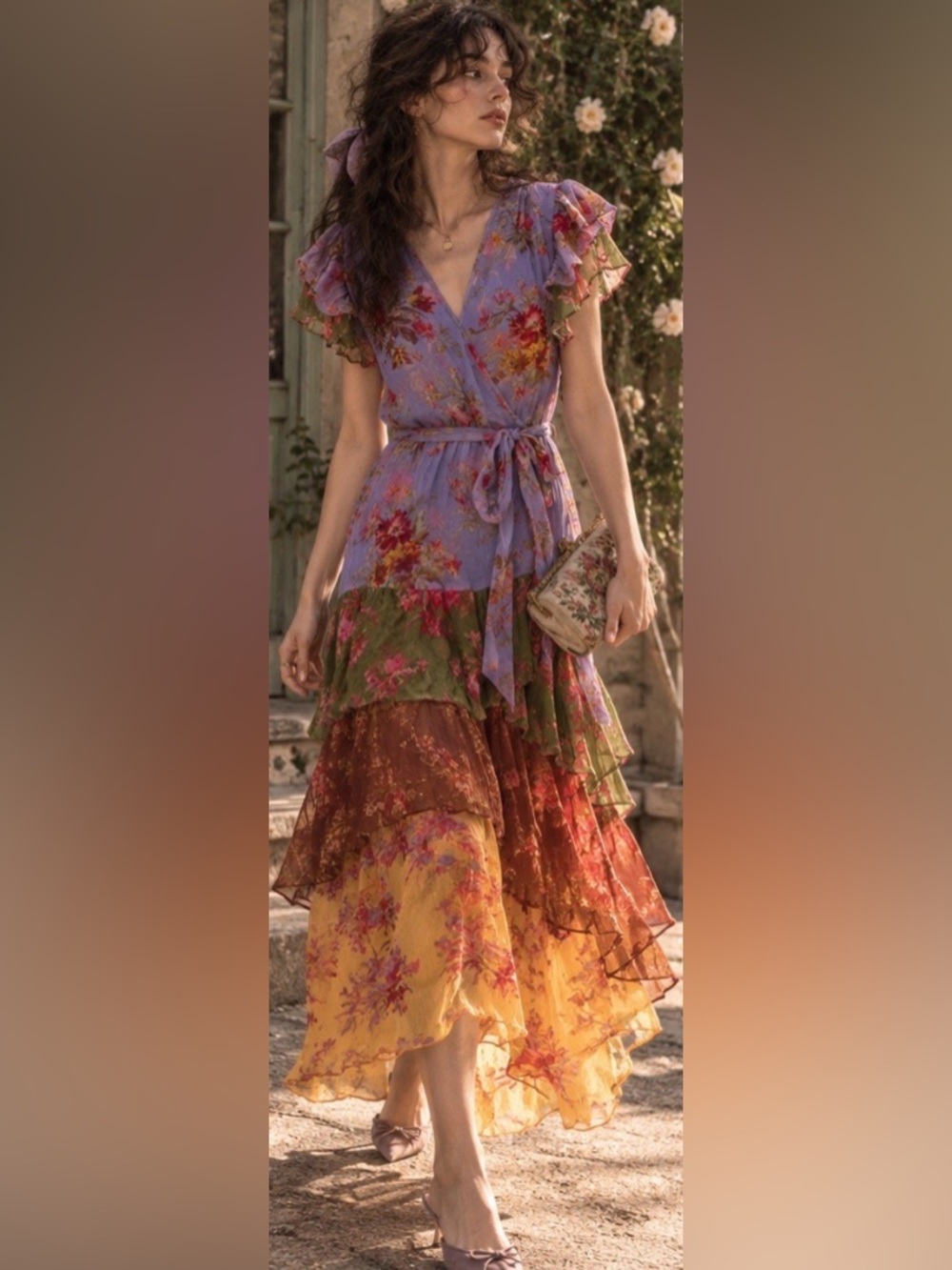 Sundance Floral Asymmetrical Tiered Dress in Lavender, Olive, yellow & Rust
